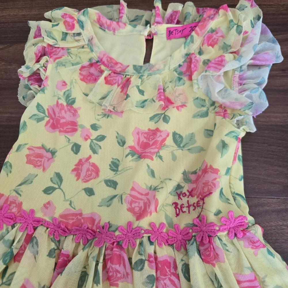 Betsey Johnson Girls Yellow Pink Floral‎ Mesh Tiered Dress Flutter Sleeve 6X